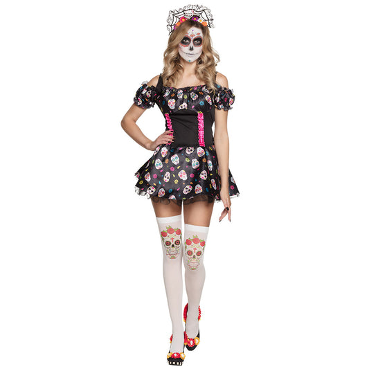 Collants Skull Roses Blanc - Accessoire Déguisement Halloween