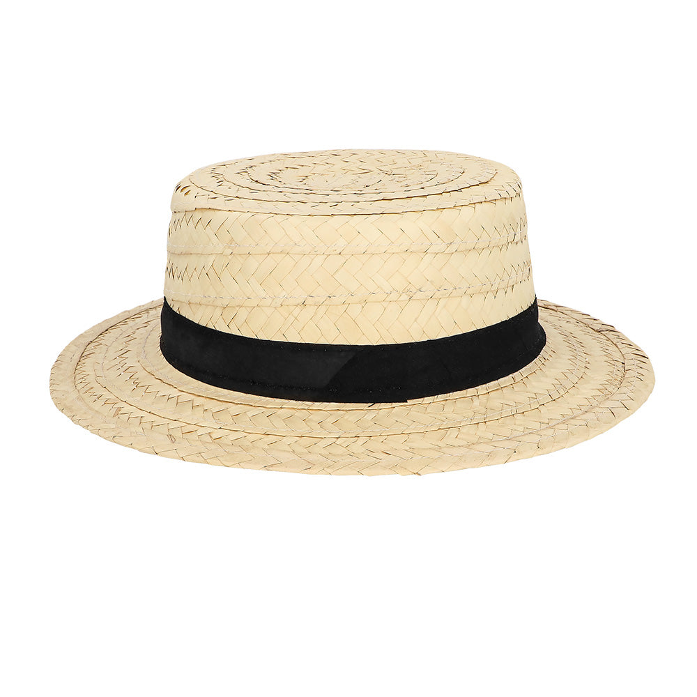 Chapeau de Paille Canotier Beige avec Ruban Noir 59cm
