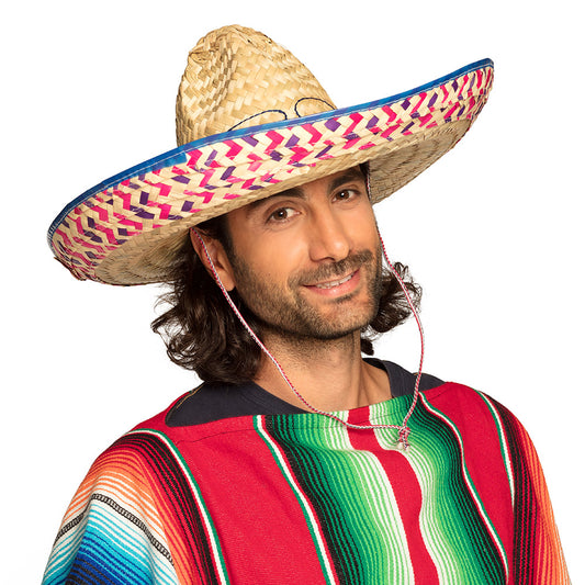 Sombrero Mexicain Géant Paille Coloré avec Cordon
