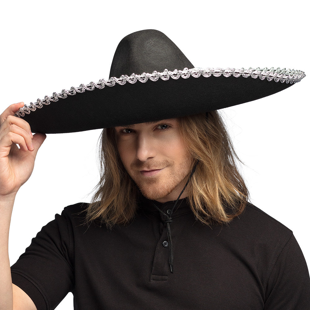 Sombrero Géant Noir avec Broderies Argent - Déguisement Mexicain