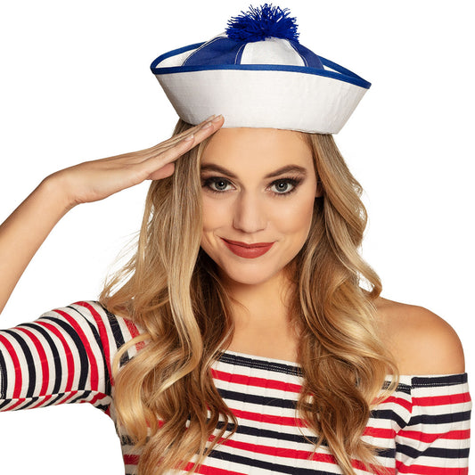Béret Marin Blanc et Bleu avec Pompon - Accessoire Nautique