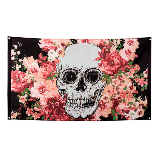 Drapeau Crâne Floral Rose 150x90cm - Décoration Gothique