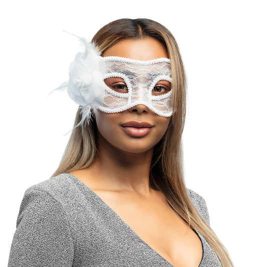 Masque Vénitien Blanc Dentelle avec Plumes - Accessoire Soirée