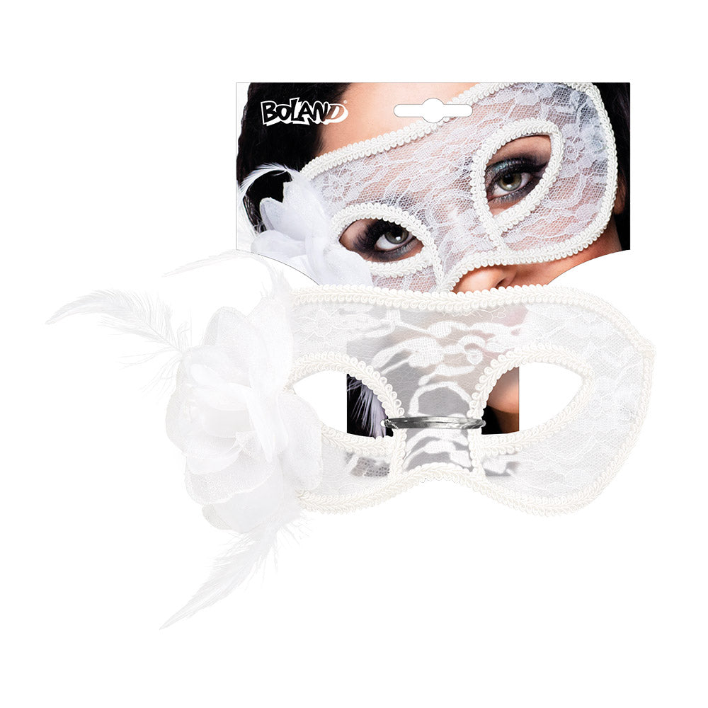 Masque Vénitien Blanc Dentelle avec Plumes - Accessoire Soirée