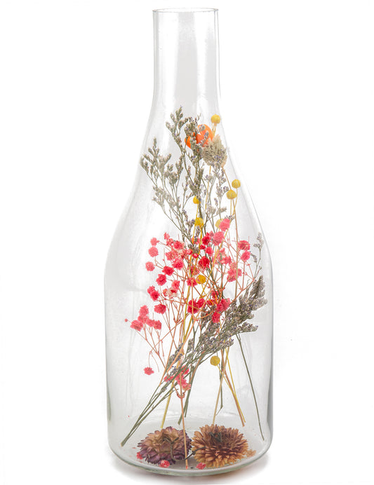 Bouteille avec fleurs séchées colorées 12 x 32 cm