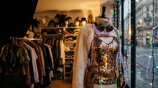 Costume de festival Burning Man (body à sequins, étole fausse fourrure, lunettes steampunk LED) sur mannequin dans une boutique de costumes à Paris — costume Burning Man Paris location