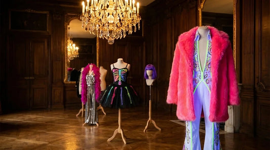 Costume fluo de festival à louer à Paris : manteau fourrure rose fluo, combinaison à sequins et tutu squelette néon sur mannequins dans le salon d'un costumier parisien