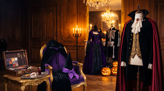 Costume Halloween dernière minute à Paris : costume de vampire sur mannequin, chapeau de sorcière, cape et coffret de maquillage prêts à louer dans un salon parisien éclairé au lustre
