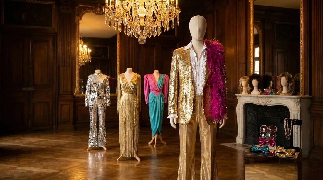Déguisement années 80 et disco à louer à Paris : veste à sequins or, combinaison argent et robe 80s sur mannequins dans le salon d'un costumier parisien