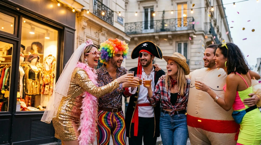 Groupe d'amis en déguisements de location fun (disco, pirate, cow-girl, costume gonflable) lors d'un EVG EVJF dans une rue de Paris — déguisement EVG EVJF Paris location