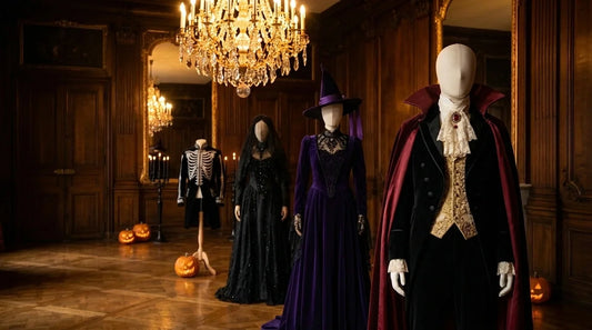 Déguisement Halloween Paris en location : costumes de vampire, sorcière, veuve gothique et squelette sur mannequins dans un salon parisien éclairé au lustre