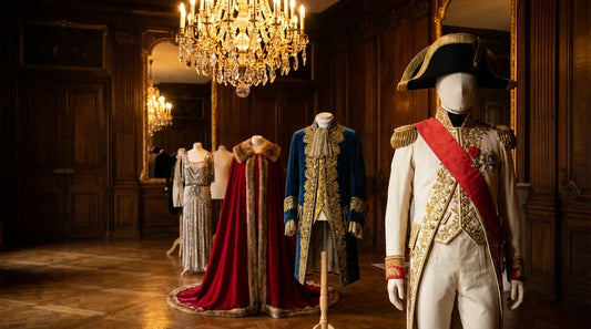Location de costume à Paris : habit d'apparat Napoléon, habit de cour Louis XIV en velours bleu et or, cape rouge à hermine et robe art-déco dans le salon d'un costumier parisien.