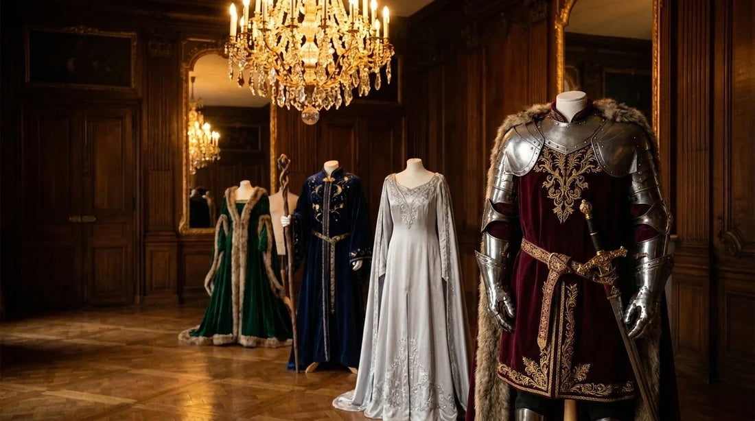 Costume médiéval à louer à Paris : armure et surcot de velours brodé d'or, robe elfique et robe de mage sur mannequins dans le salon d'un costumier parisien