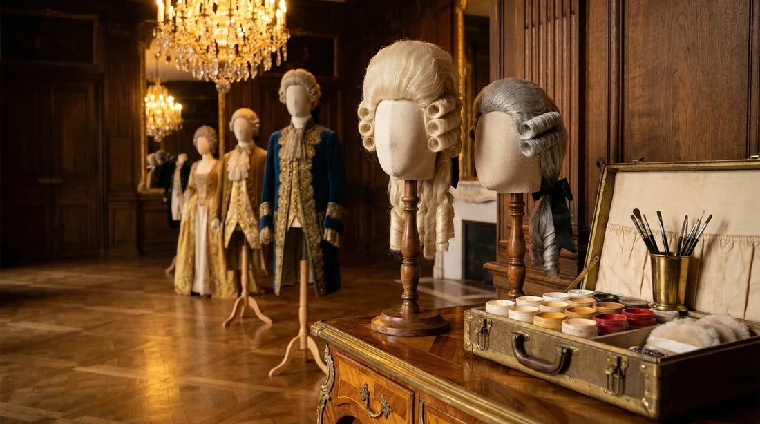 Deux perruques baroques sur pieds en noyer et une mallette de maquillage de costumier dans un salon parisien d'apparat — perruque et maquillage FX à Paris chez Au Monde de la Fête