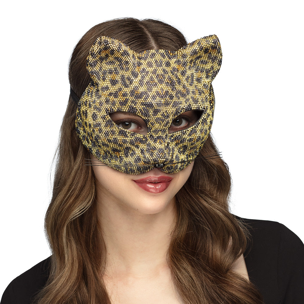 Masque Chat Léopard Pailleté Or et Noir Festif