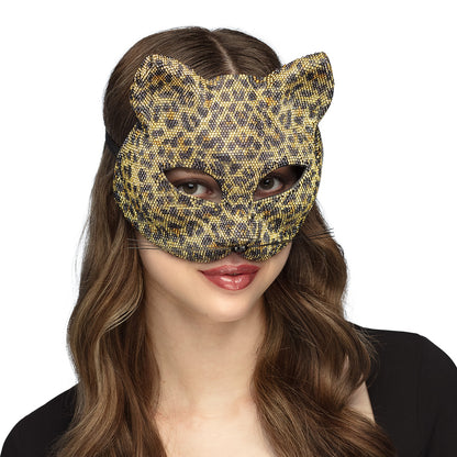 Masque Chat Léopard Pailleté Or et Noir Festif