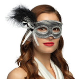 Masque Vénitien Argent Pailleté avec Plumes Noires et Strass