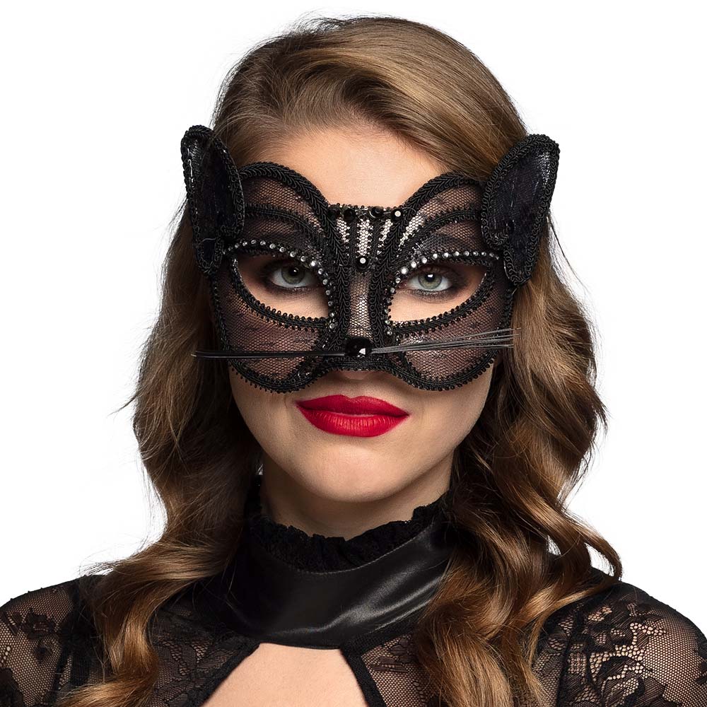 Masque Chat Noir Dentelle Strass - Accessoire Soirée Glamour