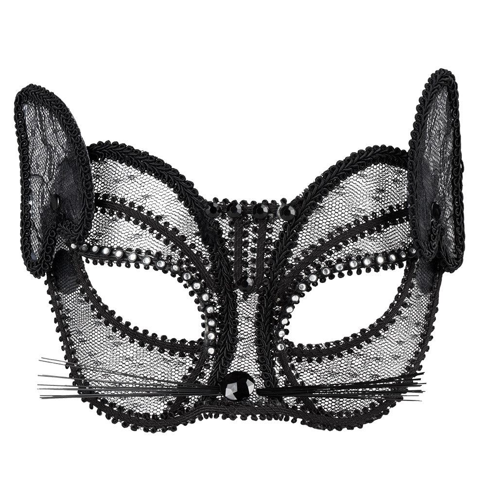 Masque Chat Noir Dentelle Strass - Accessoire Soirée Glamour