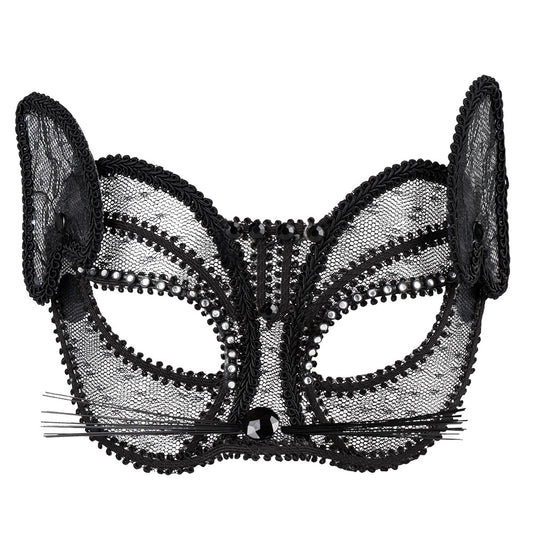 Masque Chat Noir Dentelle Strass - Accessoire Soirée Glamour