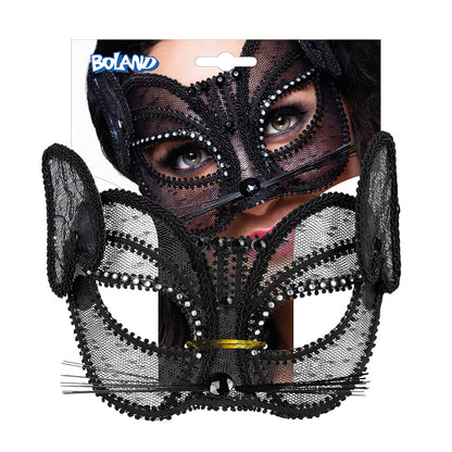 Masque Chat Noir Dentelle Strass - Accessoire Soirée Glamour