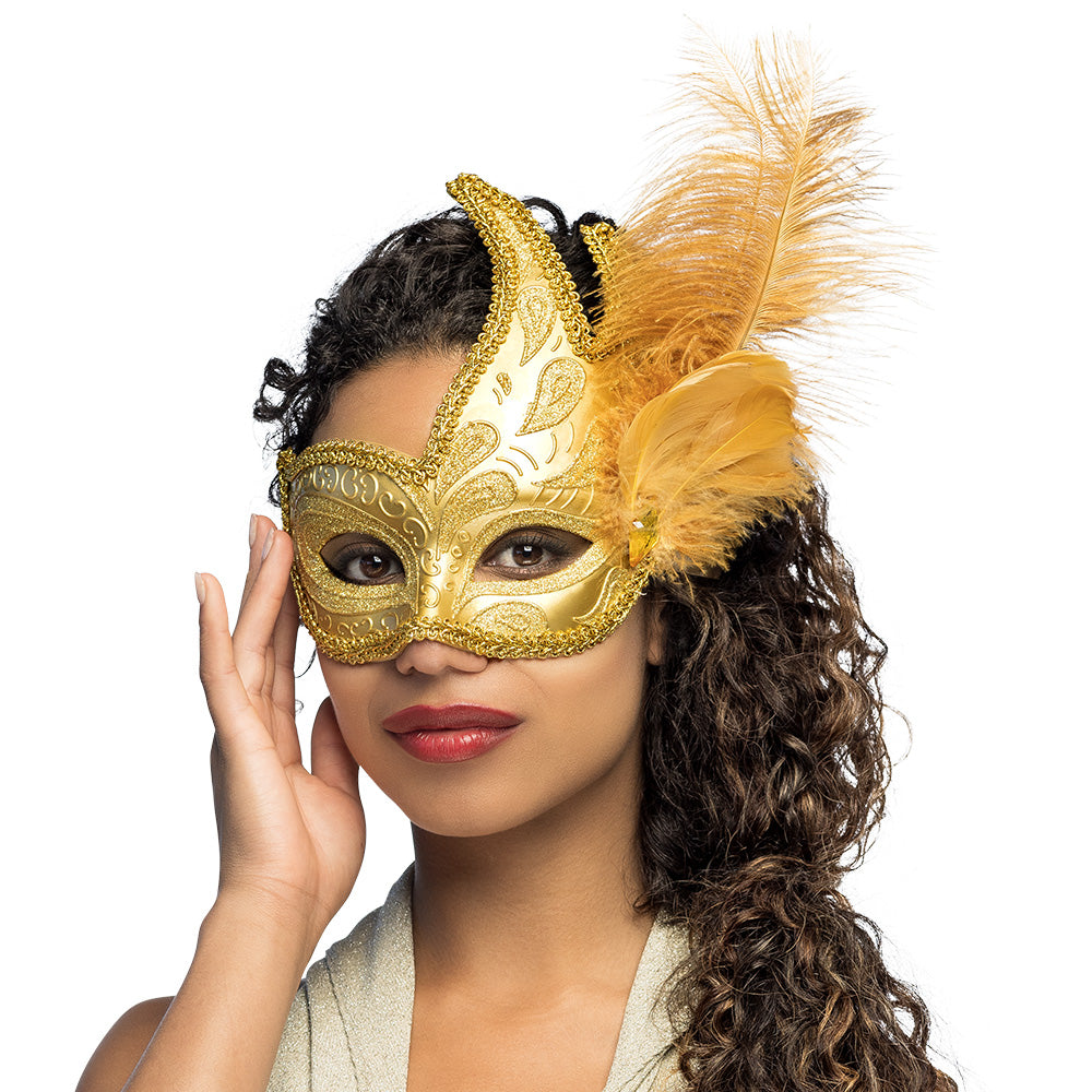 Masque Vénitien Or avec Plumes - Loup de Carnaval Élégant