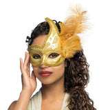 Masque Vénitien Or avec Plumes - Loup de Carnaval Élégant