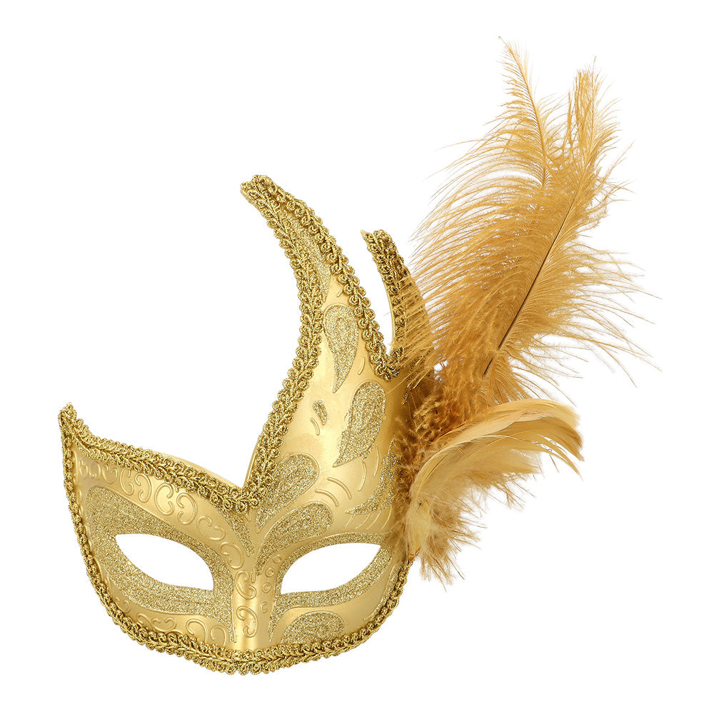 Masque Vénitien Or avec Plumes - Loup de Carnaval Élégant