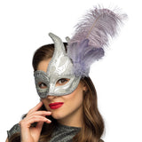 Masque Vénitien Blanc avec Plumes Violettes - Déguisement