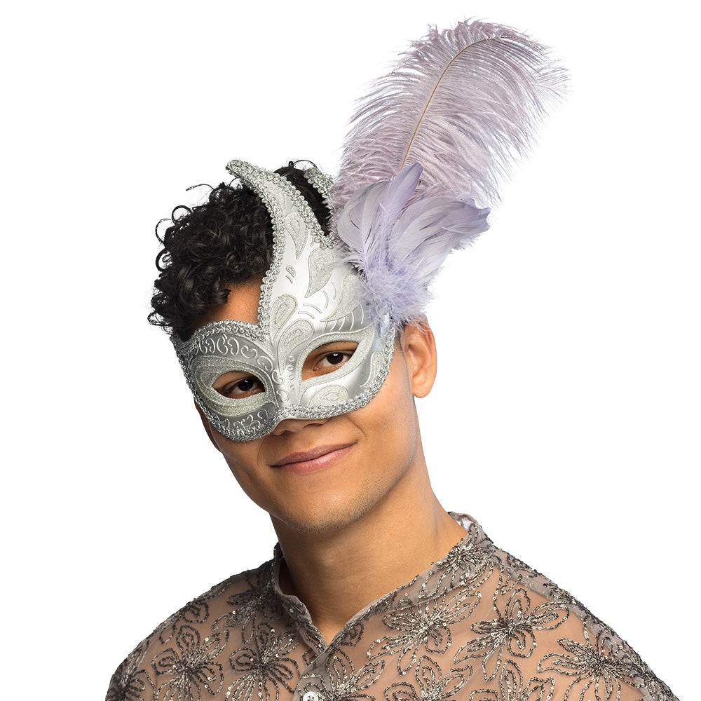 Masque Vénitien Blanc avec Plumes Violettes - Déguisement