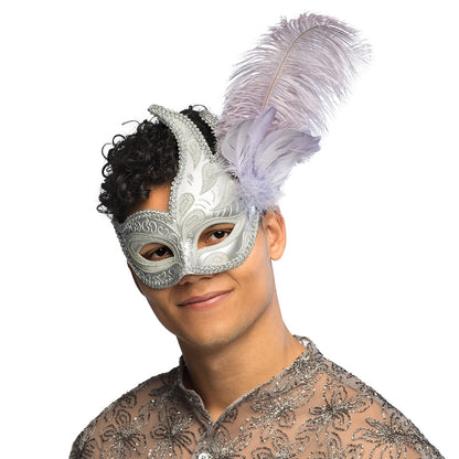 Masque Vénitien Blanc avec Plumes Violettes - Déguisement