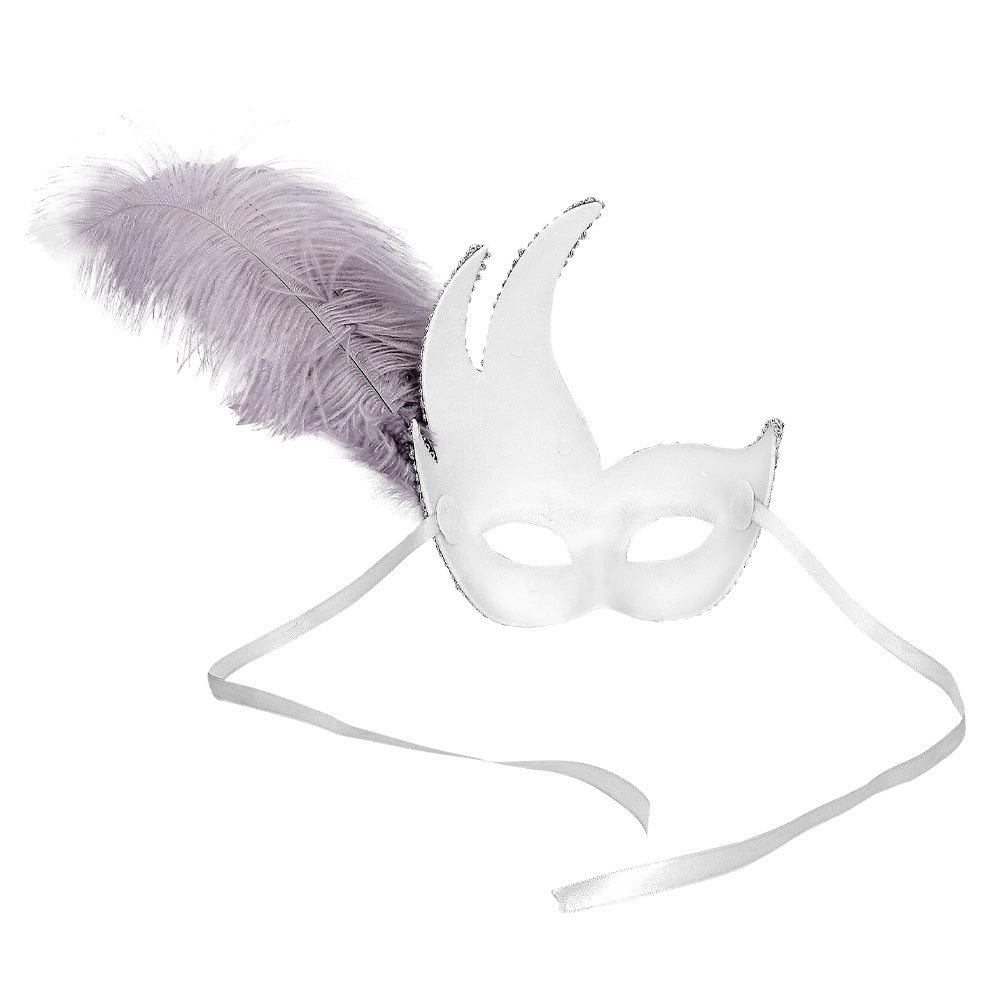 Masque Vénitien Blanc avec Plumes Violettes - Déguisement