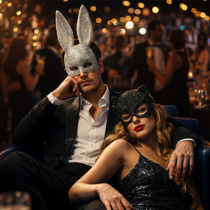 Masque Lapin Pailleté Argent - Accessoire Soirée Élégant