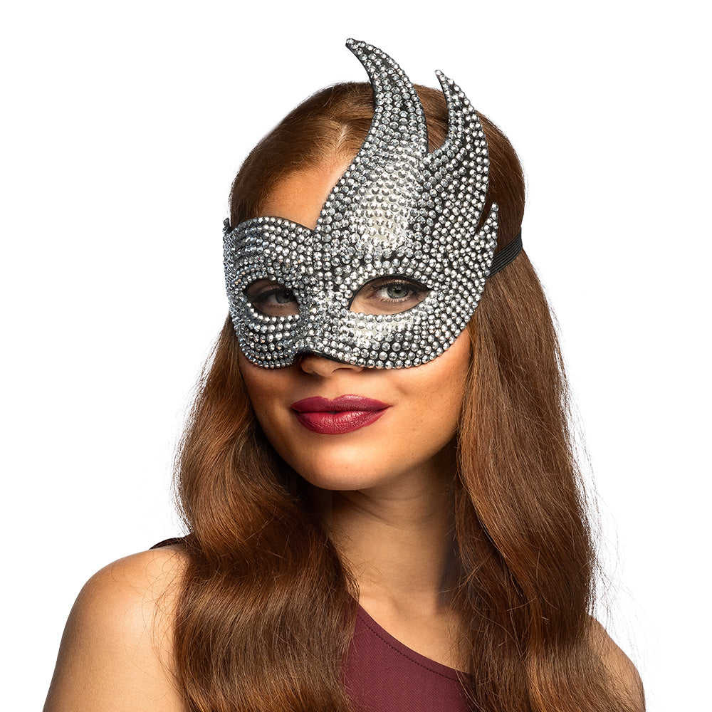 Masque Diable Cornes Strass Argent - Accessoire Soirée Déguisement