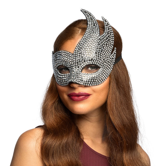 Masque Diable Cornes Strass Argent - Accessoire Soirée Déguisement