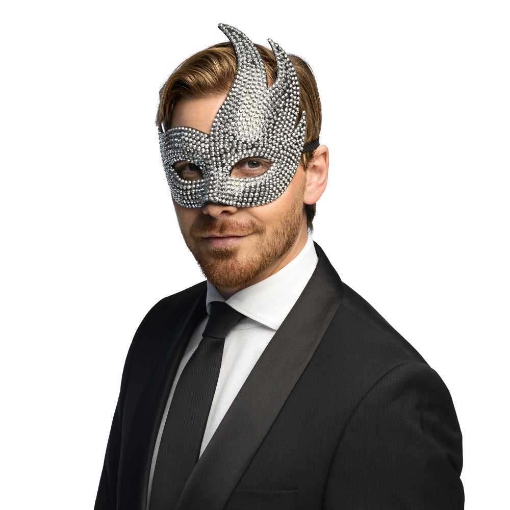 Masque Diable Cornes Strass Argent - Accessoire Soirée Déguisement