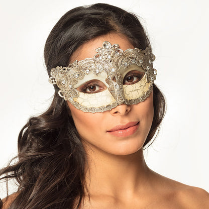 Masque Vénitien Blanc Perles - Déguisement Bal Masqué Élégant