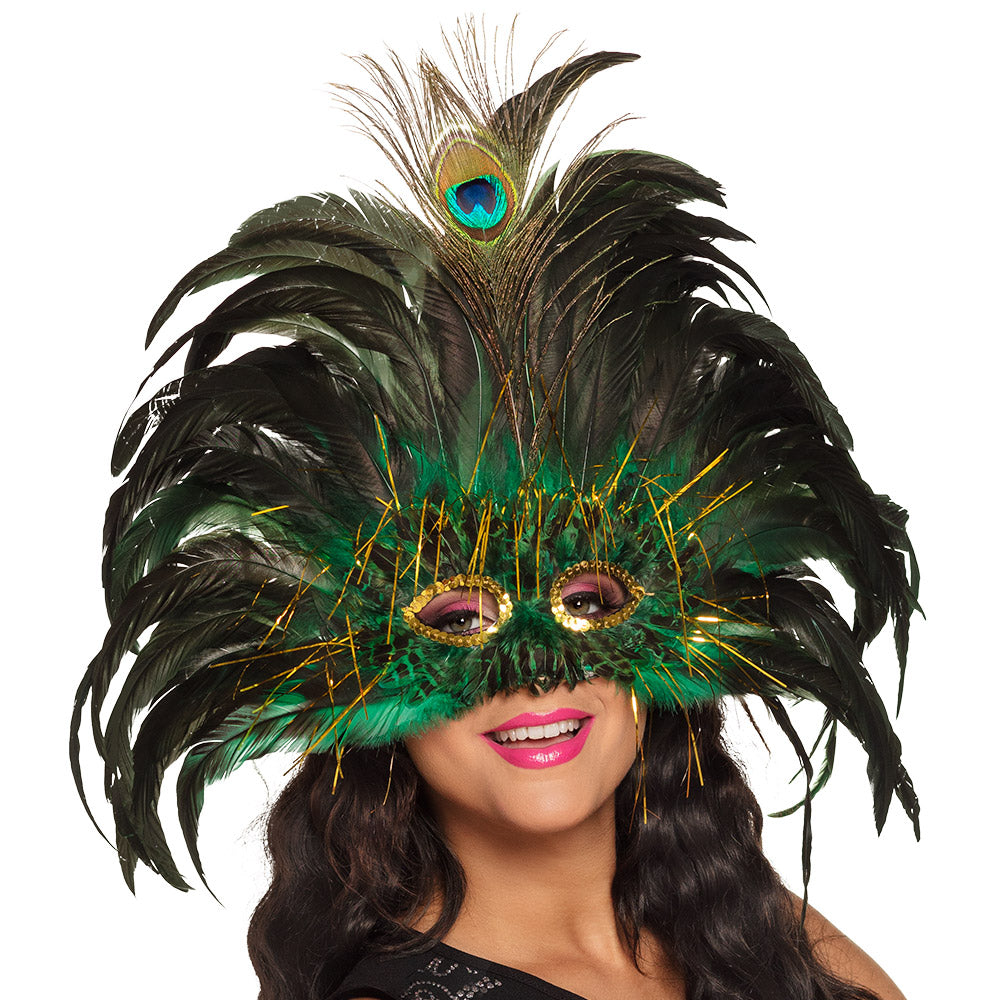 Masque Paon Noir et Vert avec Plumes - Déguisement Carnaval
