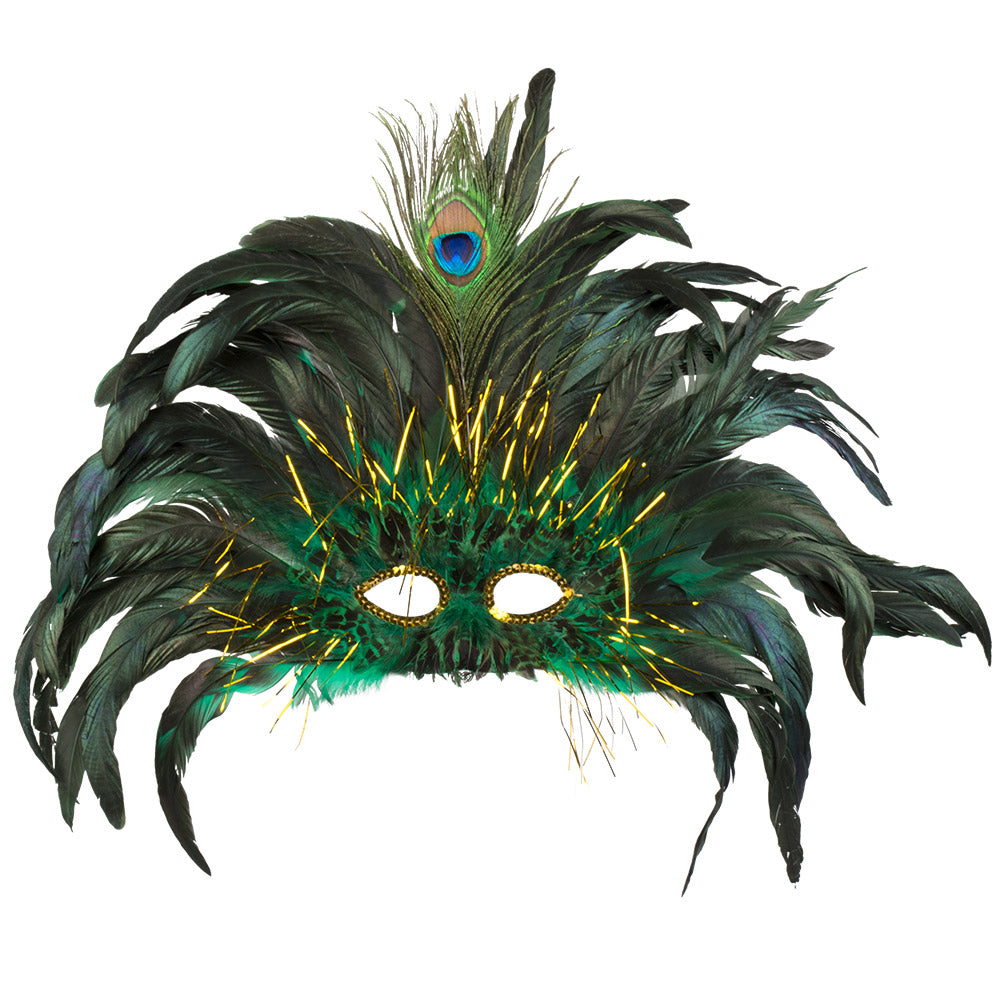 Masque Paon Noir et Vert avec Plumes - Déguisement Carnaval
