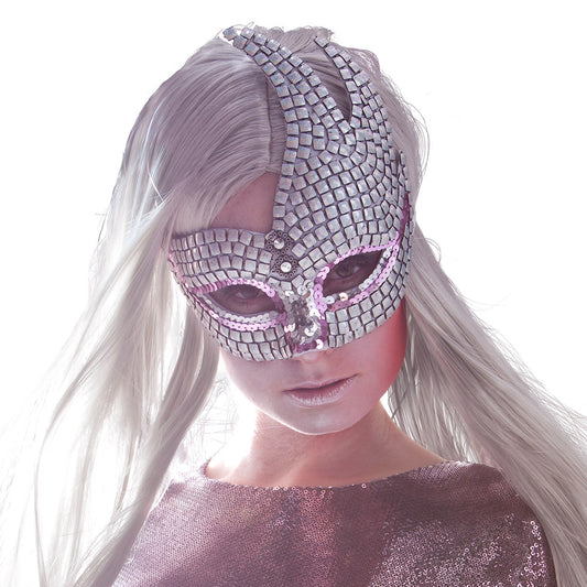 Masque Loup Sequins Rose et Argent - Accessoire Déguisement Luxe
