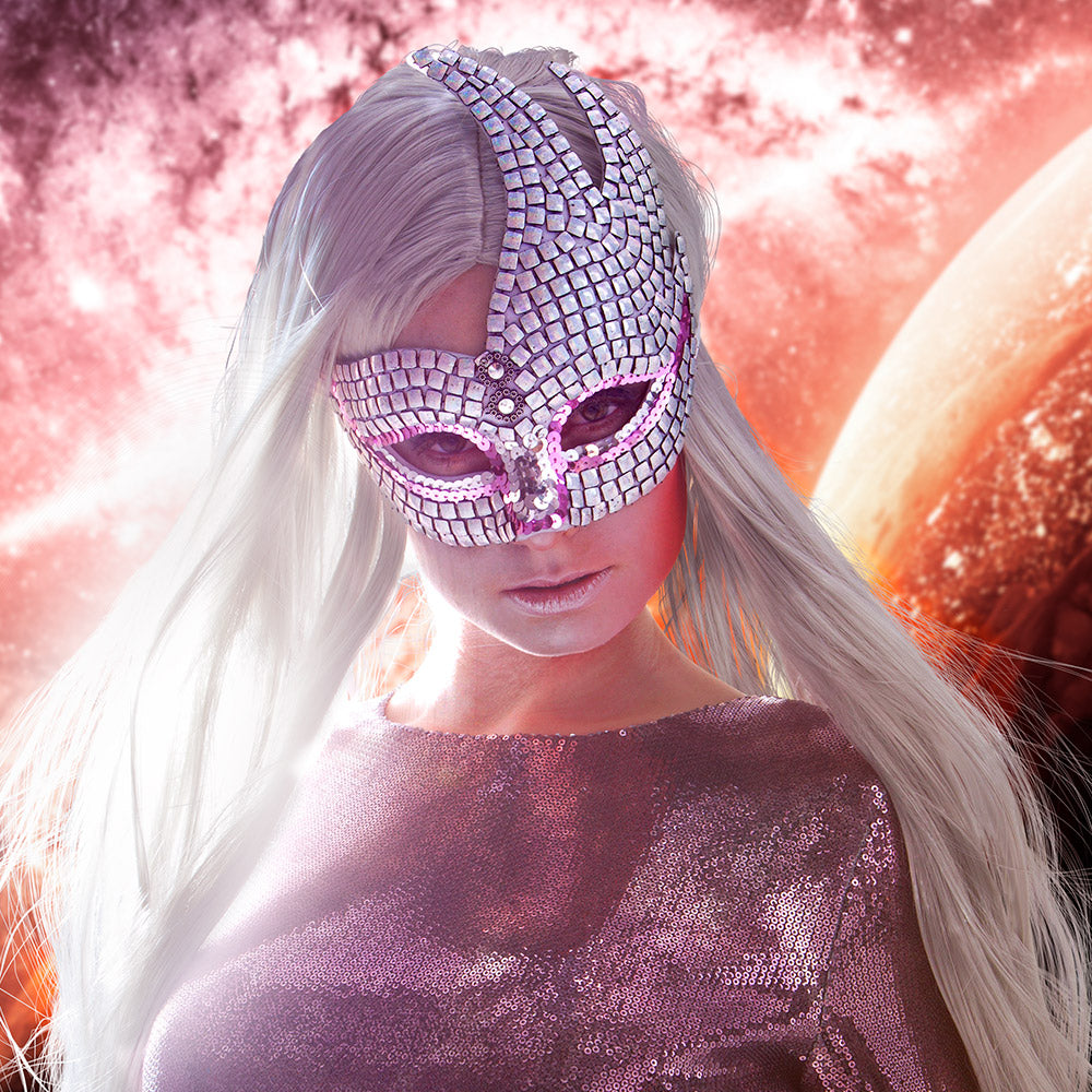 Masque Loup Sequins Rose et Argent - Accessoire Déguisement Luxe