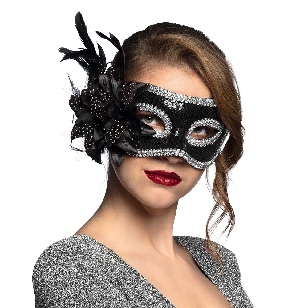 Masque Vénitien Noir et Argent avec Plumes - Déguisement Carnaval