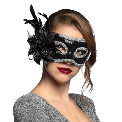 Masque Vénitien Noir et Argent avec Plumes - Déguisement Carnaval