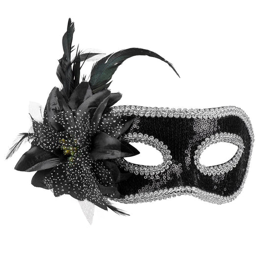 Masque Vénitien Noir et Argent avec Plumes - Déguisement Carnaval