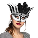 Masque Vénitien Blanc Plumes Noires Strass Carnaval