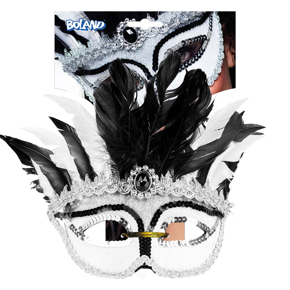 Masque Vénitien Blanc Plumes Noires Strass Carnaval