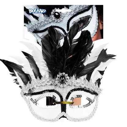 Masque Vénitien Blanc Plumes Noires Strass Carnaval