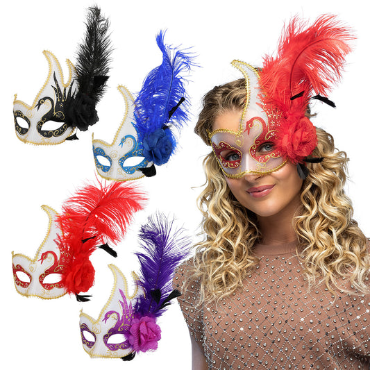 Masque de Carnaval Vénitien avec Plumes Luxe - 5 Coloris