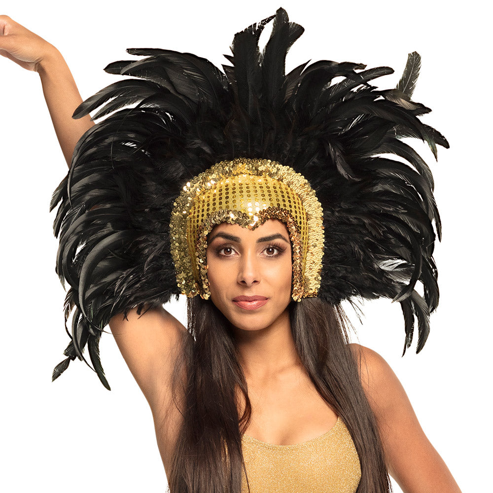 Coiffe de Plumes Noires et Or Luxe - Accessoire Cabaret