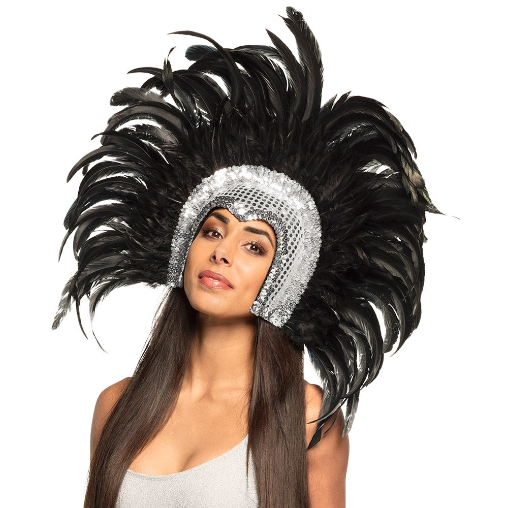 Coiffe Plumes Noires & Sequins Blancs - Accessoire Carnaval